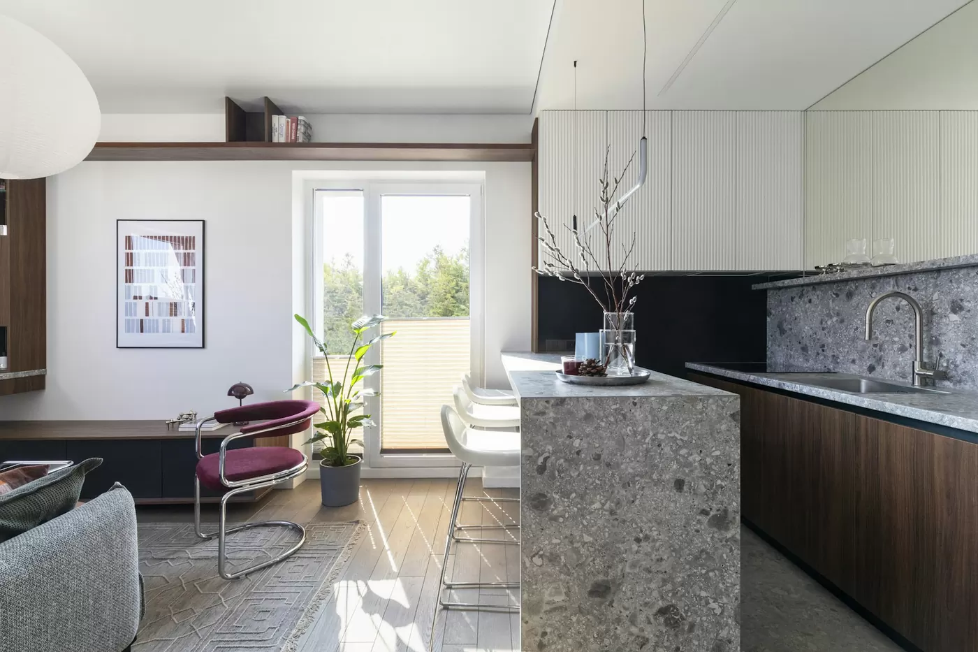 Cuisine ouverte lumineuse d'un logement en gestion